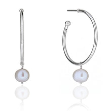 Load image into Gallery viewer, Silver Hoop with White Pearl drop June Birthstone
