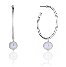 Load image into Gallery viewer, Silver Hoop with White Pearl drop June Birthstone