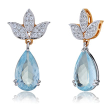 Load image into Gallery viewer, Aquamarine Drops & Lotus Diamond Earrings in Yellow & White Gold