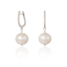 Load image into Gallery viewer, Diamond studded dangly earrings with white Pearls drops