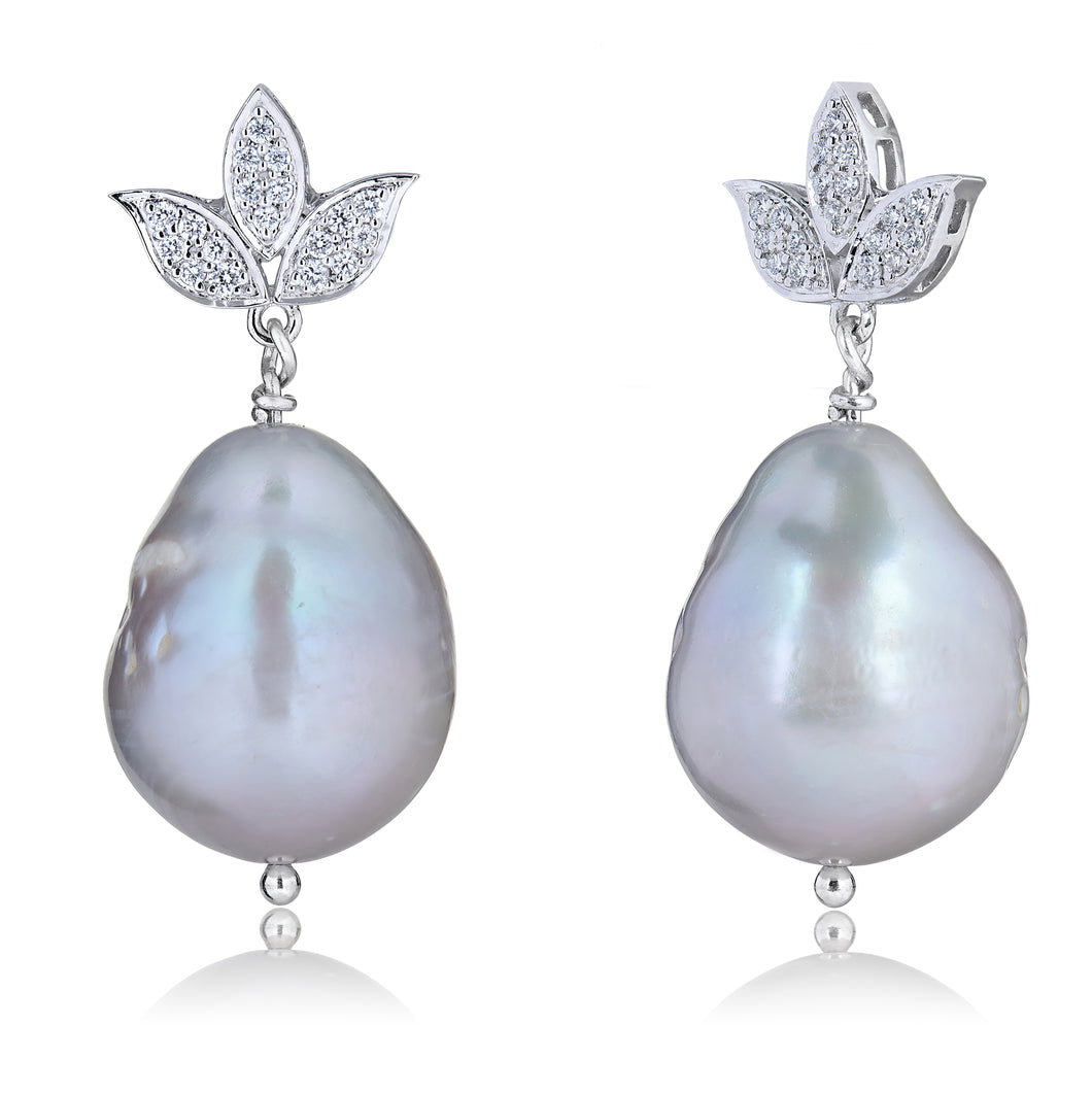 South Sea Pearls & Lotus Diamond Earrings in White Gold