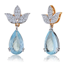 Load image into Gallery viewer, Aquamarine Drops &amp; Lotus Diamond Earrings in Yellow &amp; White Gold
